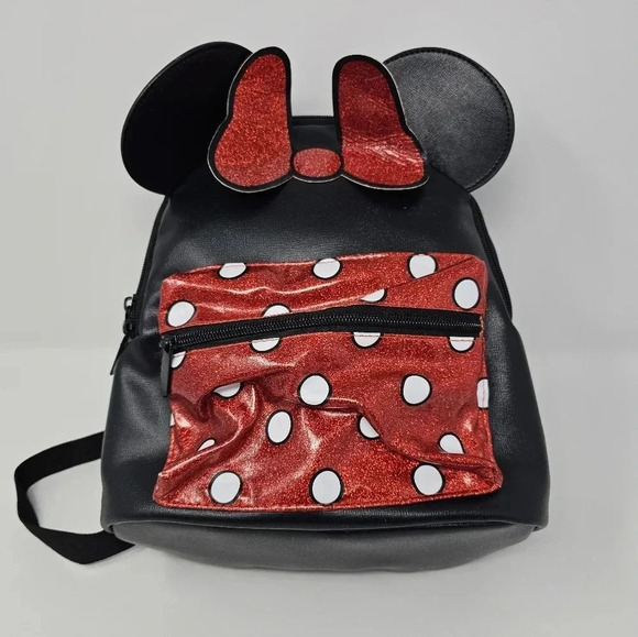 Bioworld Disney Minnie Mouse Backpack Purse Black Red Ears Small Bag Glitter - Picture 1 of 13
